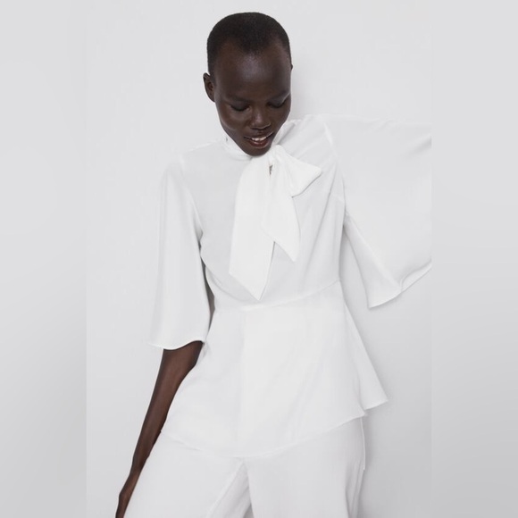 Zara White Peplum Blouse Batwing Sleeve Necktie Bow Size Small - Picture 1 of 15